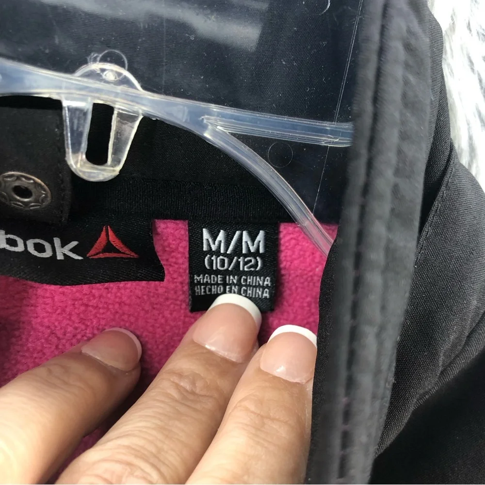 Reebok Jacket Girls Medium Black Pink Rain Resistant Pockets Fleece Lined